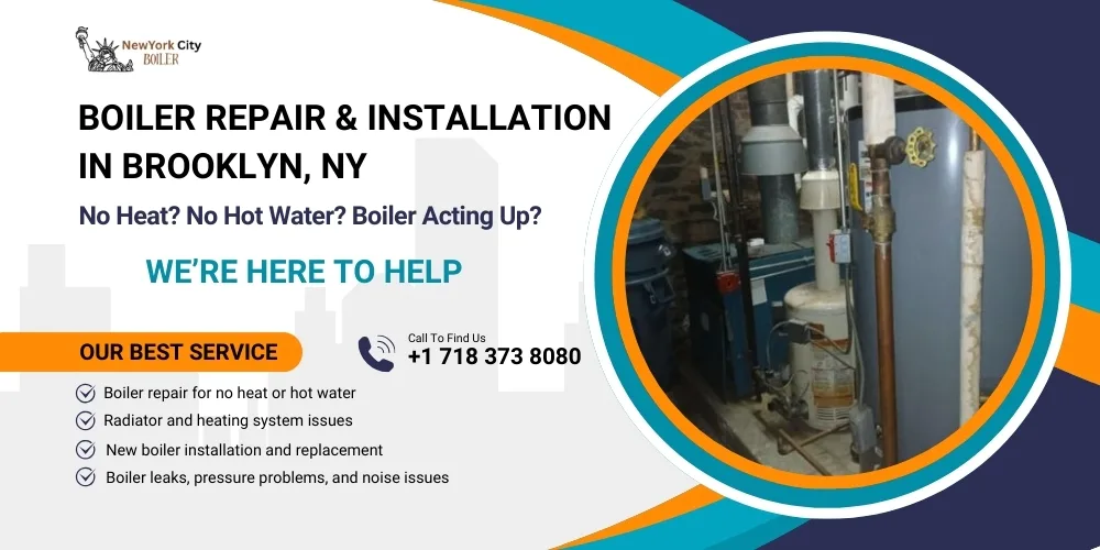 Boiler repair and installation flyer for New York City Boiler showing a residential boiler system in Brooklyn, NY.