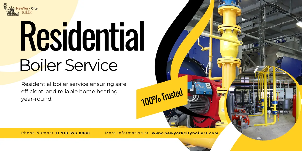 Residential boiler service advertisement banner with industrial boiler system, yellow pipes, 100% trusted badge, and New York City Boiler contact information